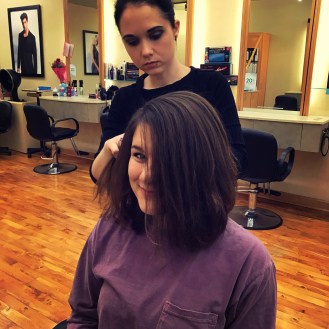 Here is Haley, hair intact, with the Follicle Vampire about to strike.