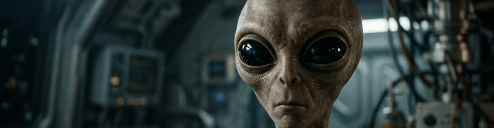 Alien with large black eyes and textured skin inside spaceship control room